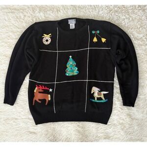 Accent‎ On You Black Festive Sequin Christmas Sweater Wreath Reindeer Horse 1X